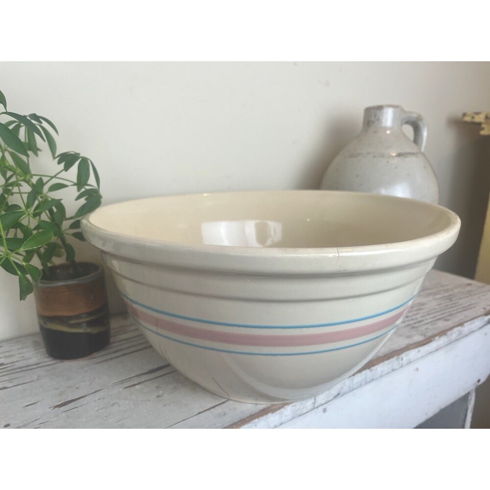 Vintage 14" LARGE Pink Blue Striped McCoy Mixing Bowl Farmhouse Country Kitchen